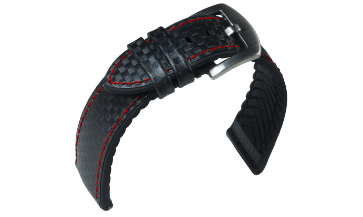 Horlogeband Waterproof Carbon rood Stiksel | voor Leer 